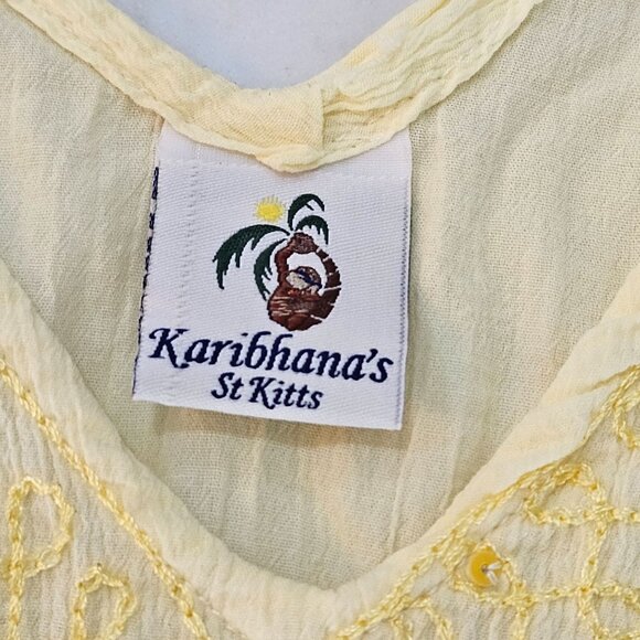 Karibhanas St Kitts Dress Coverup Medium Butter Yellow Embroidered Cotton Boho - Picture 5 of 8
